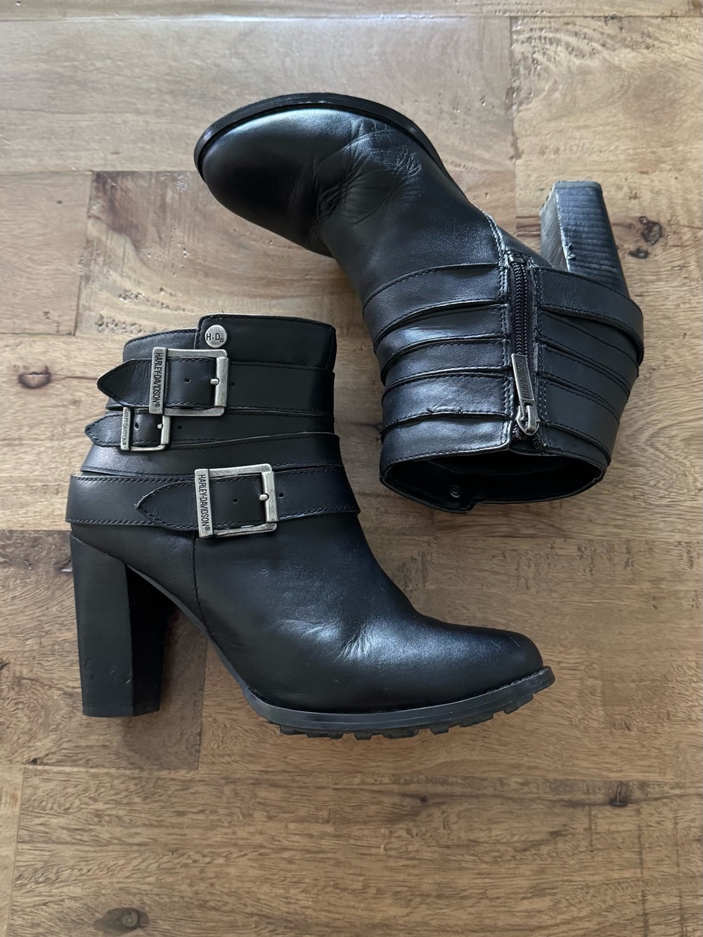 Harley Davidson Women Motorcycle biker Black Leather Heel Boots Booties Sz 6 Zip